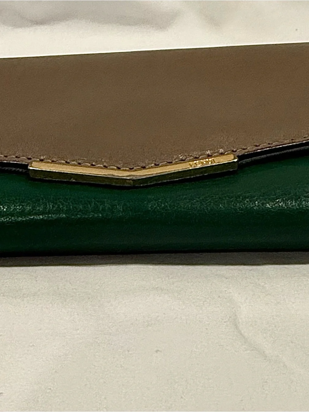 Fendi 2Jours Continental Leather Wallet Envelope Style In Taupe/Green